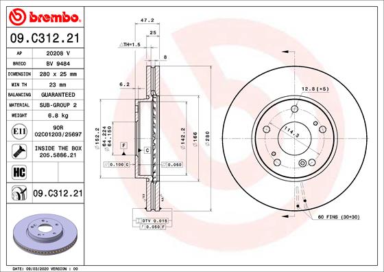 BREMBO 09.C312.21 - Тормозной диск PRIME LINE - UV Coated