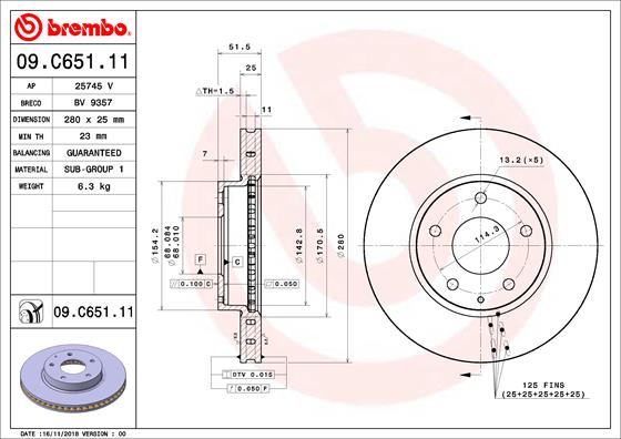 BREMBO 09.C651.11 - Тормозной диск PRIME LINE - UV Coated