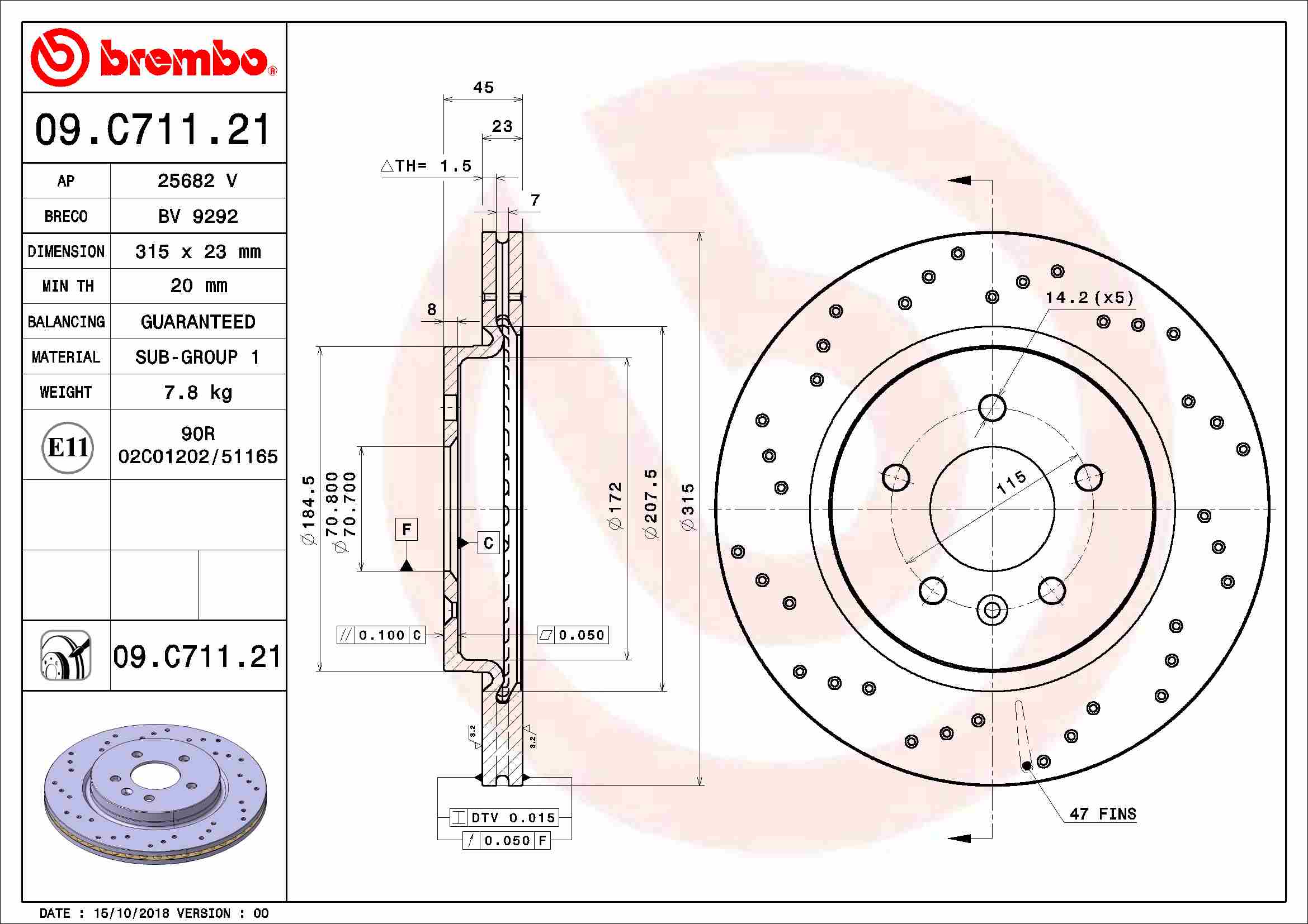 BREMBO 09.C711.21 - Тормозной диск PRIME LINE - UV Coated