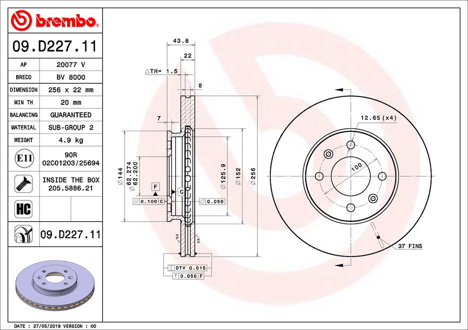 BREMBO 09.D227.11 - Тормозной диск PRIME LINE - UV Coated