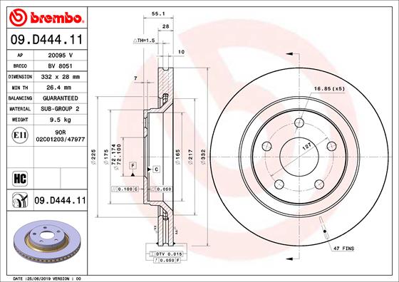 BREMBO 09.D444.11 - Тормозной диск PRIME LINE - UV Coated
