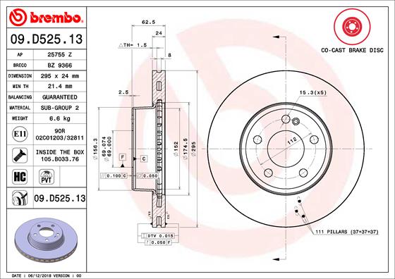 BREMBO 09.D525.13 - Тормозной диск PRIME LINE - Co-Cast