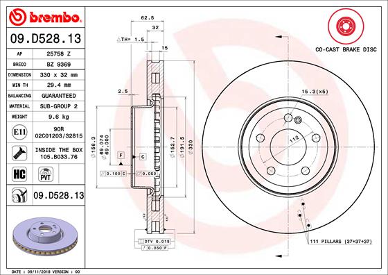 BREMBO 09.D528.13 - Тормозной диск PRIME LINE - Co-Cast