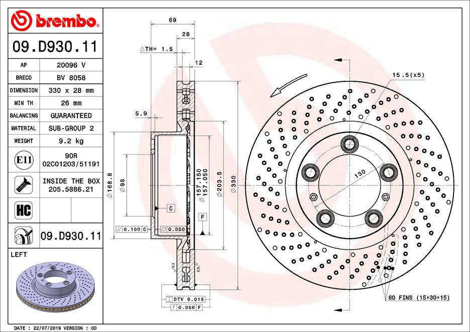 BREMBO 09.D930.11 - Тормозной диск PRIME LINE - UV Coated