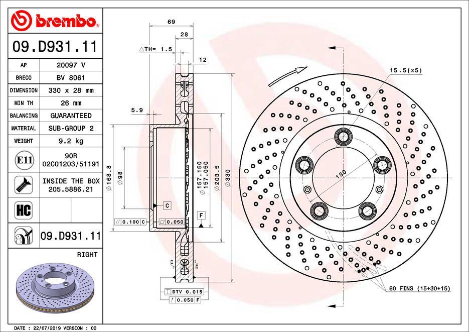 BREMBO 09.D931.11 - Тормозной диск PRIME LINE - UV Coated