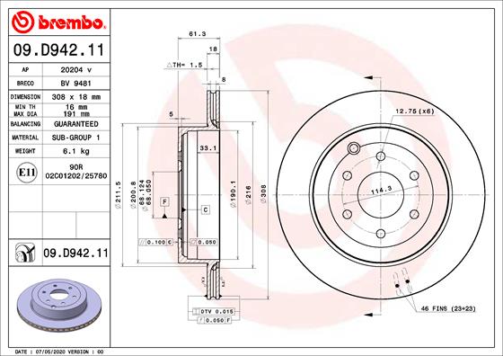 BREMBO 09.D942.11 - Тормозной диск PRIME LINE - UV Coated