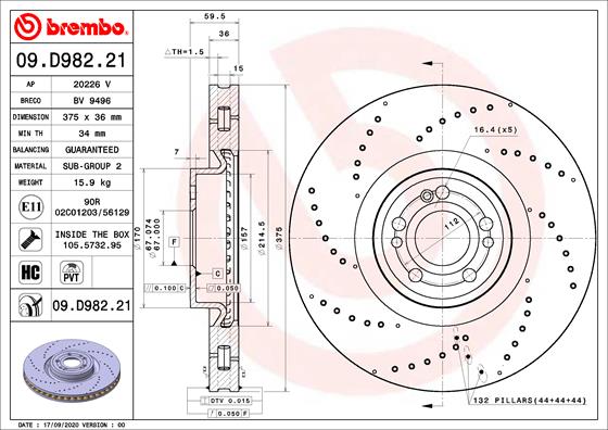 BREMBO 09.D982.21 - Тормозной диск PRIME LINE - UV Coated