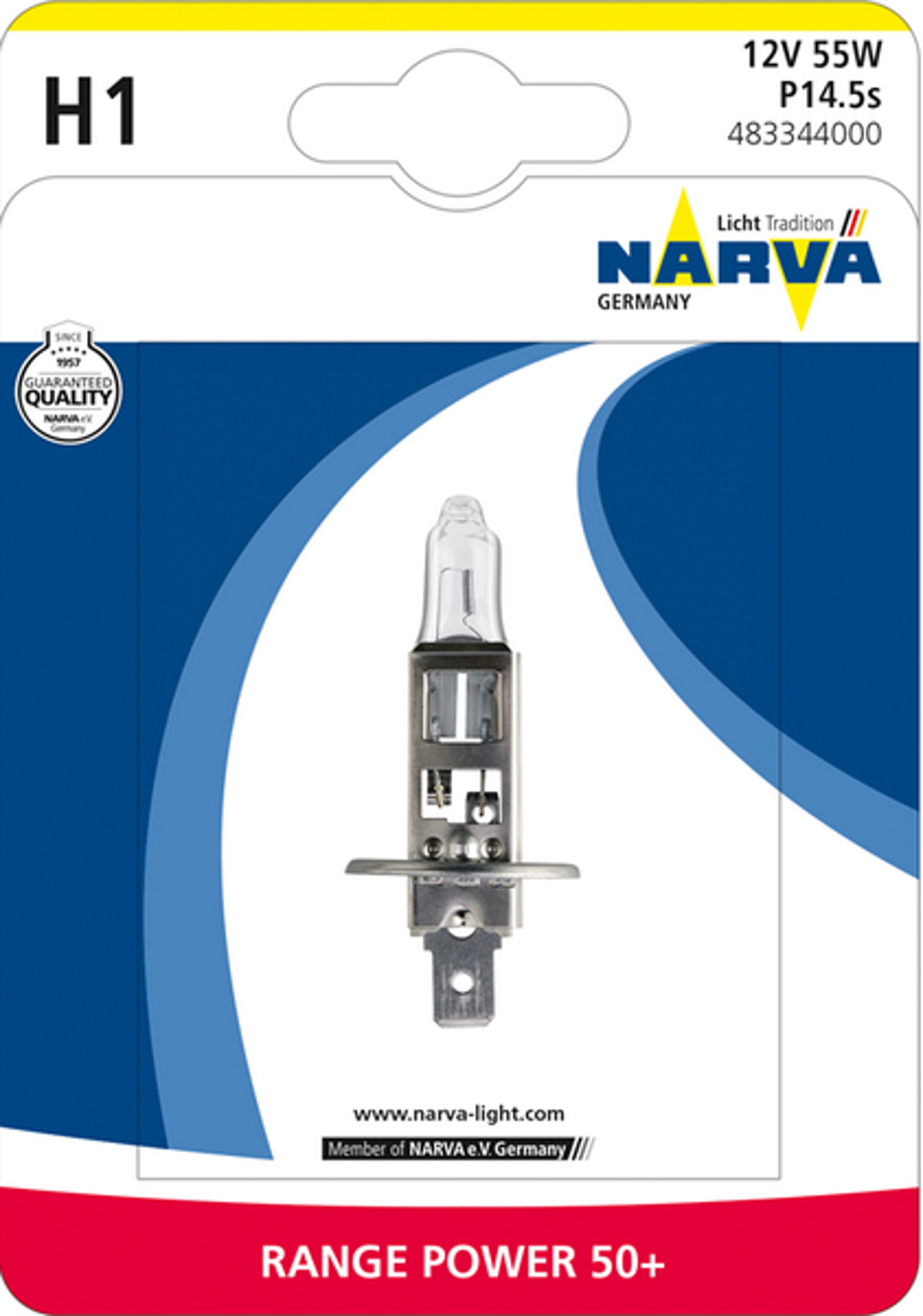 NARVA 48334rp50b - Лампа галогенная блистер 1шт H1 12V 55W P14,5s RANGE POWER 50+ (На 50% больше света на дороге, удвое