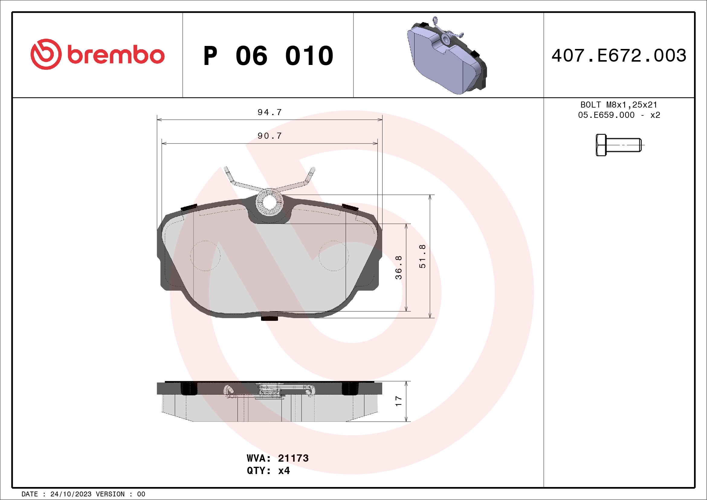 BREMBO P 06 010 - Комплект тормозных колодок, дисковый тормоз PRIME LINE