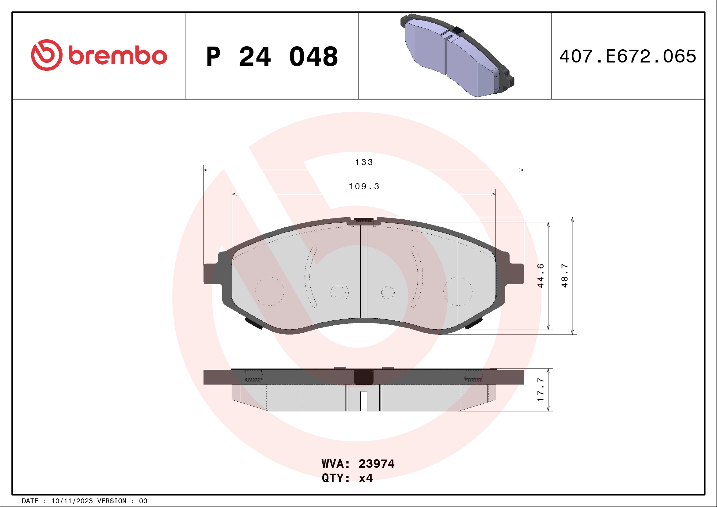 BREMBO P 24 048 - Комплект тормозных колодок, дисковый тормоз PRIME LINE