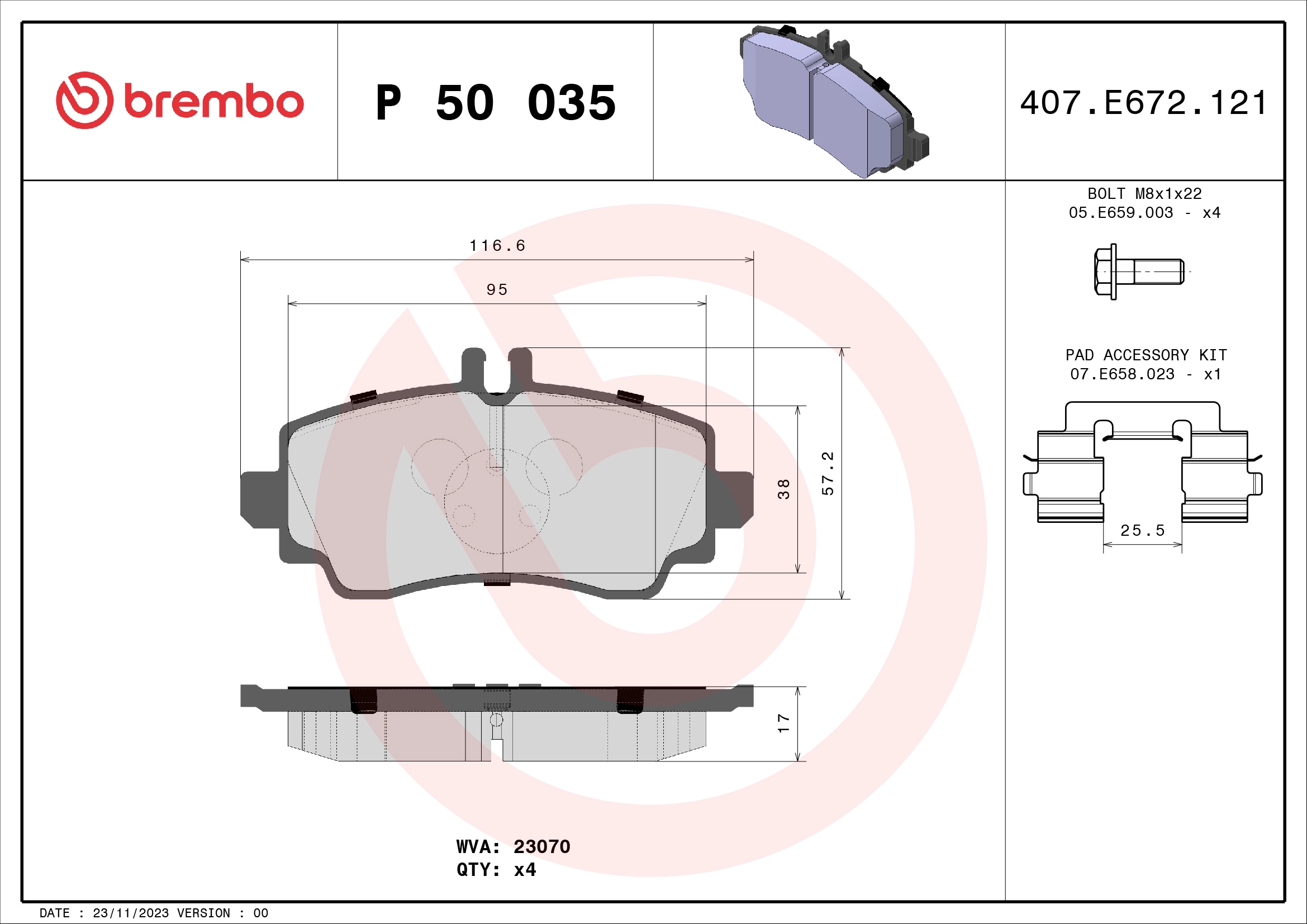 BREMBO P 50 035 - Комплект тормозных колодок, дисковый тормоз PRIME LINE