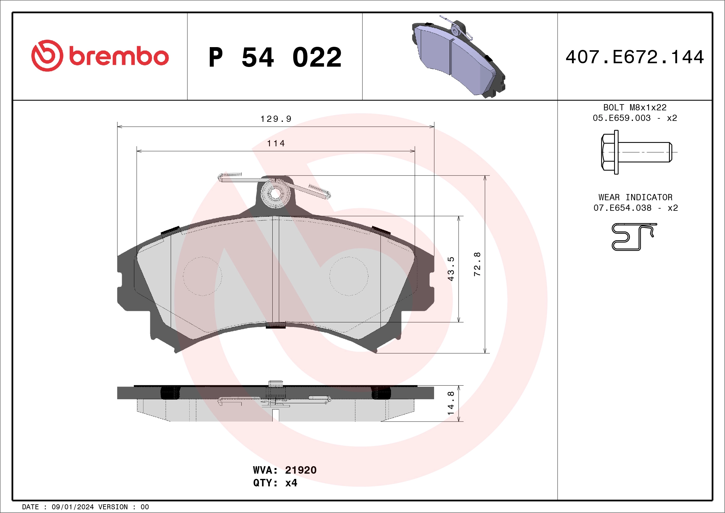 BREMBO P 54 022 - Комплект тормозных колодок, дисковый тормоз PRIME LINE