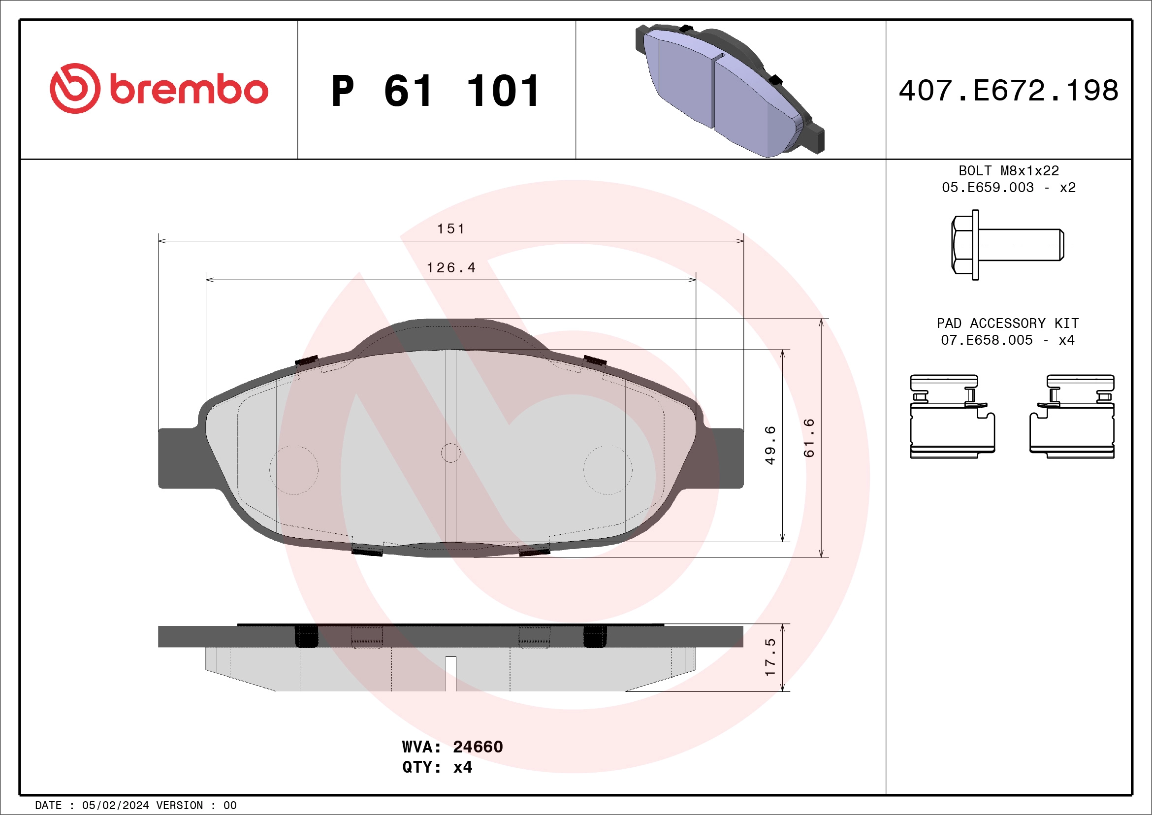 BREMBO P 61 101X - Комплект тормозных колодок, дисковый тормоз XTRA LINE