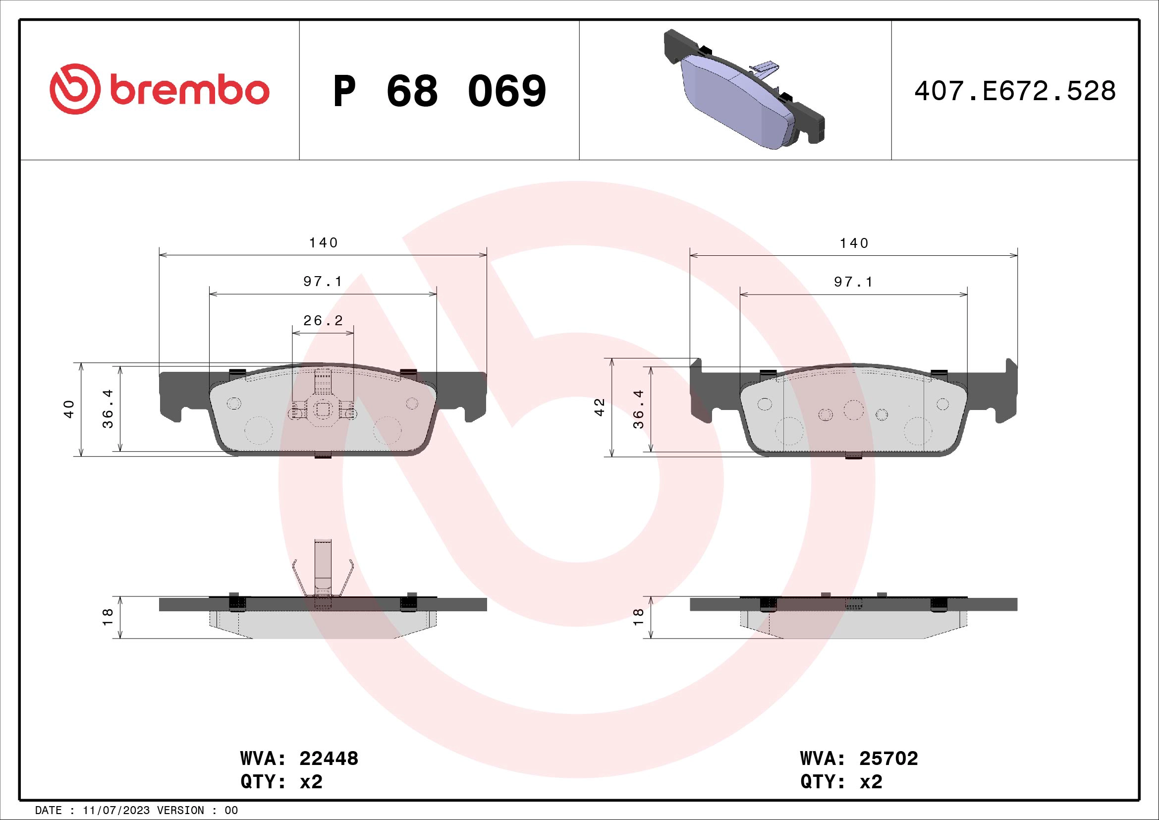 BREMBO P 68 069 - Комплект тормозных колодок, дисковый тормоз PRIME LINE
