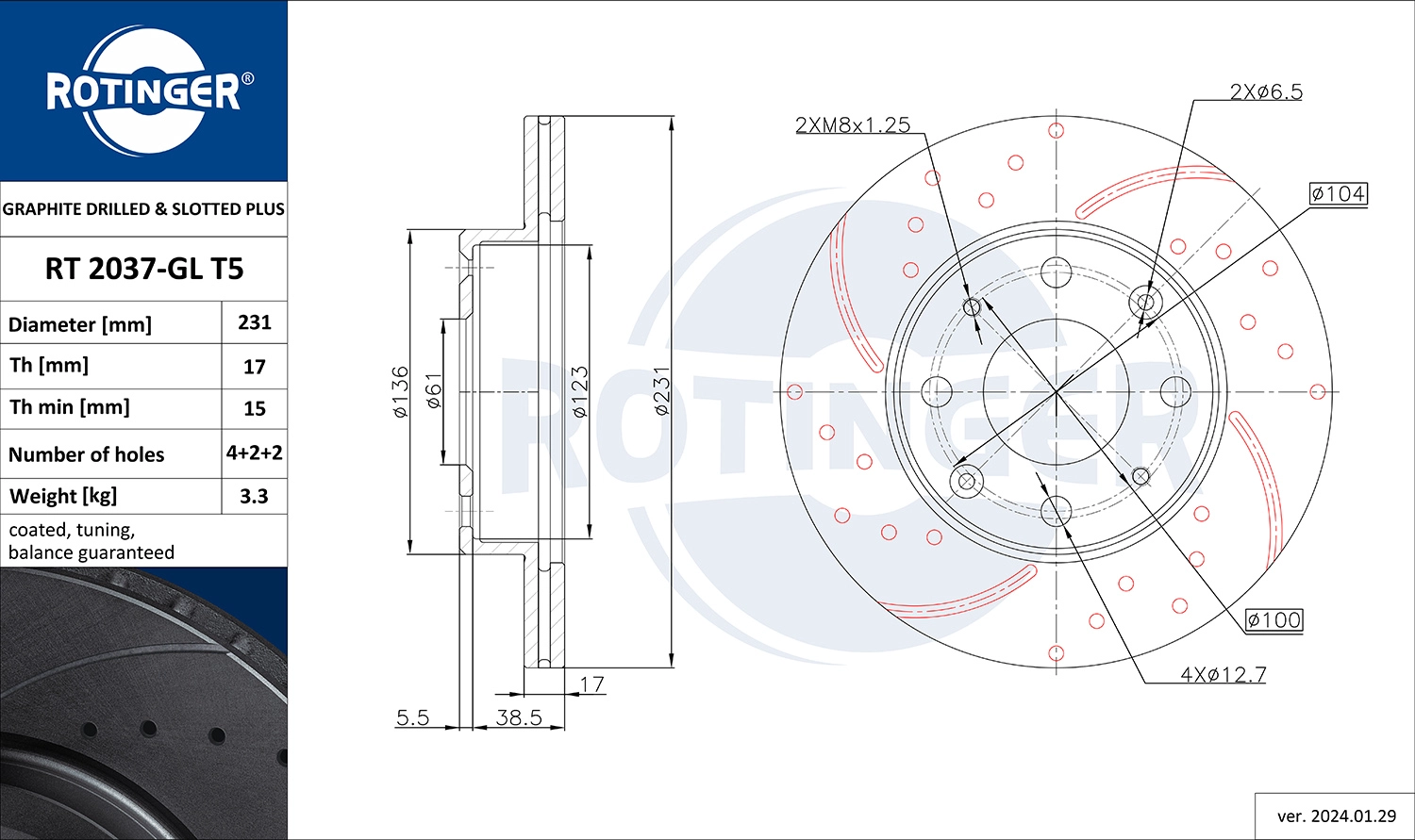 ROTINGER RT 2037-GL T5 - Тормозной диск GRAPHITE DRILLED & SLOTTED PLUS