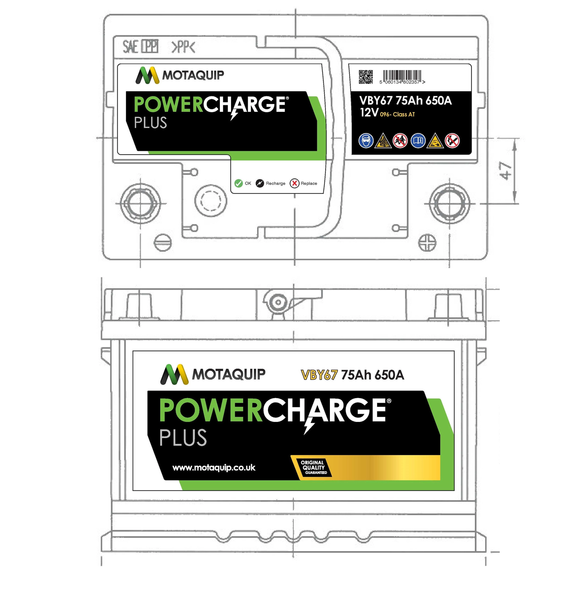 MOTAQUIP VBY67 - Стартерная аккумуляторная батарея Powercharge Plus
