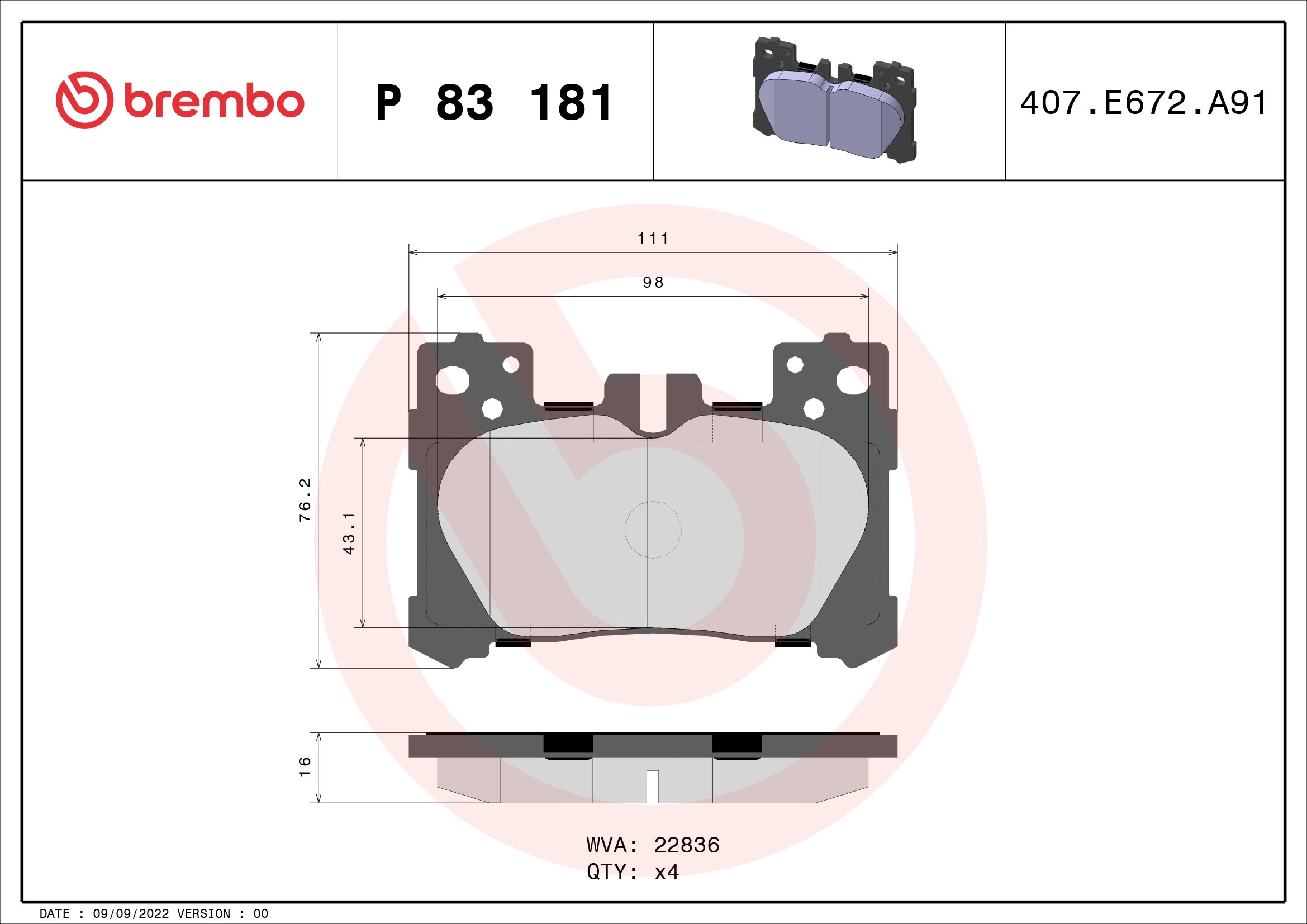 BREMBO P 83 181 - Комплект тормозных колодок, дисковый тормоз PRIME LINE