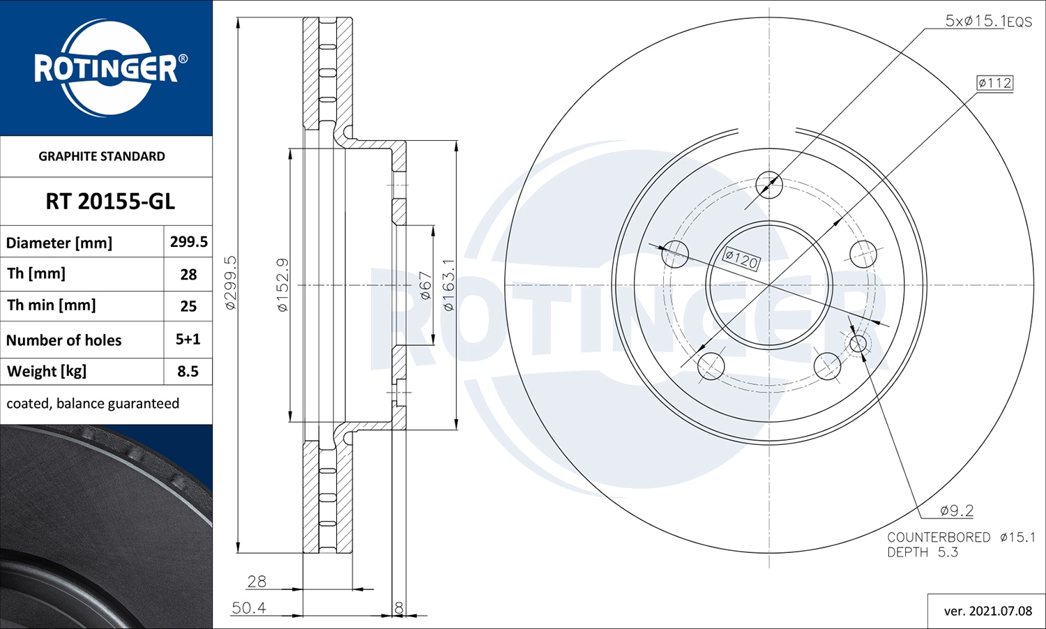 ROTINGER RT 20155-GL - Тормозной диск GRAPHITE LINE