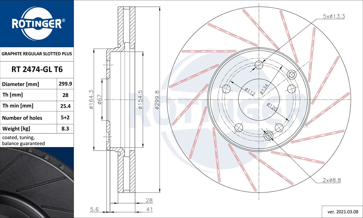ROTINGER RT 2474-GL T6 - Тормозной диск GRAPHITE REGULAR SLOTTED PLUS