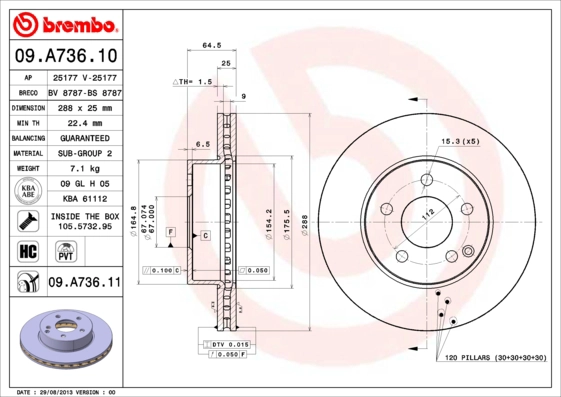 BREMBO 09.A736.10 - Тормозной диск PRIME LINE