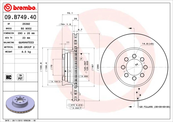BREMBO 09.B749.40 - Тормозной диск PRIME LINE