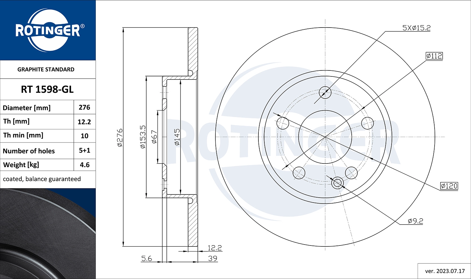 ROTINGER RT 1598-GL - Тормозной диск GRAPHITE LINE