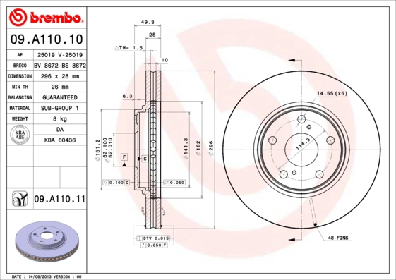 BREMBO 09.A110.10 - Тормозной диск PRIME LINE