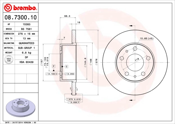 BREMBO 08.7300.10 - Тормозной диск PRIME LINE