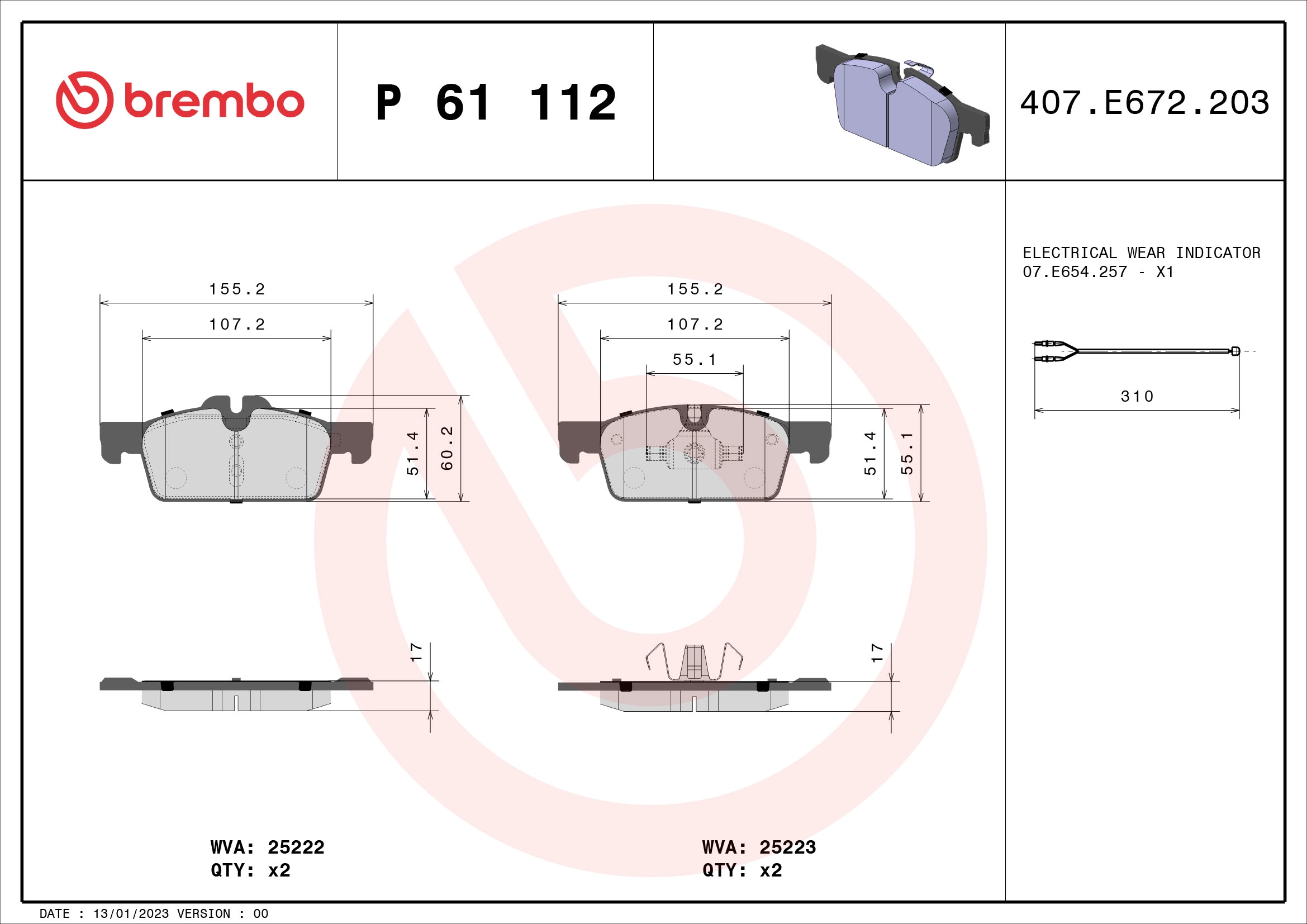 BREMBO P 61 112 - Комплект тормозных колодок, дисковый тормоз PRIME LINE
