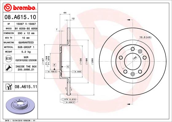 BREMBO 08.A615.10 - Тормозной диск PRIME LINE
