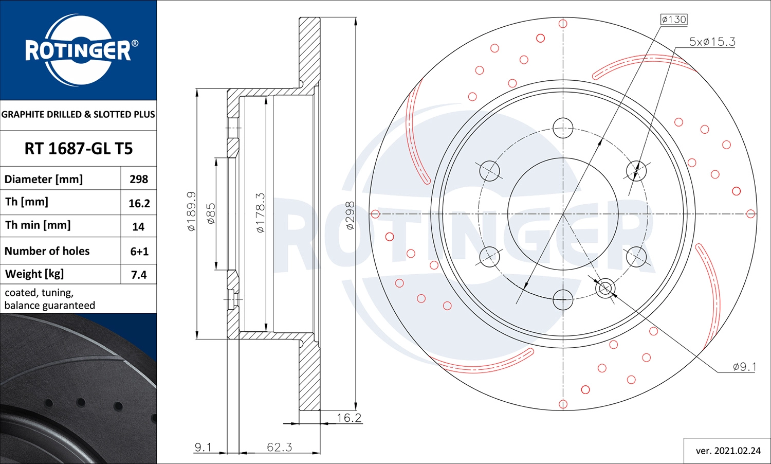 ROTINGER RT 1687-GL T5 - Тормозной диск GRAPHITE DRILLED & SLOTTED PLUS