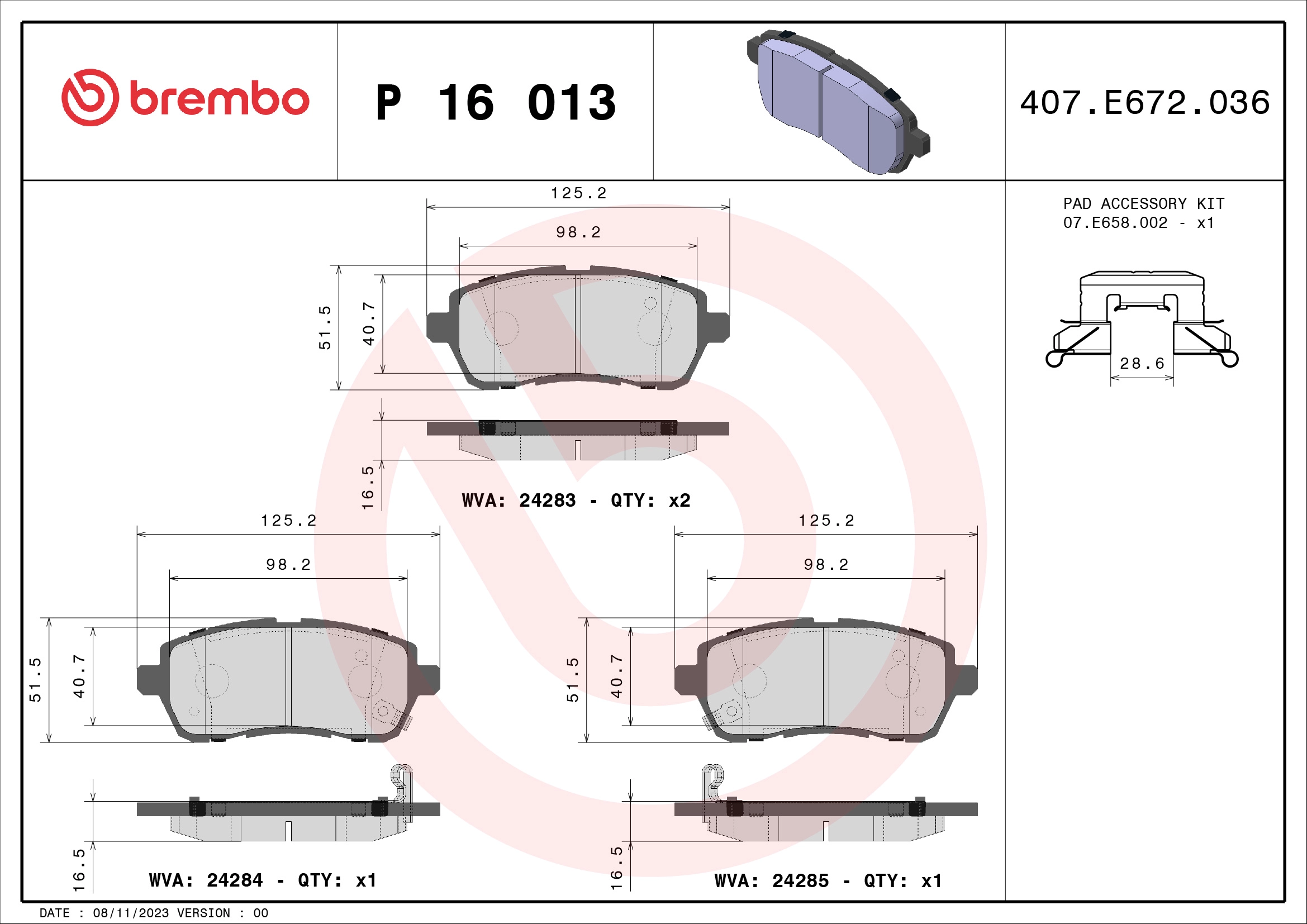 BREMBO P 16 013X - Комплект тормозных колодок, дисковый тормоз XTRA LINE
