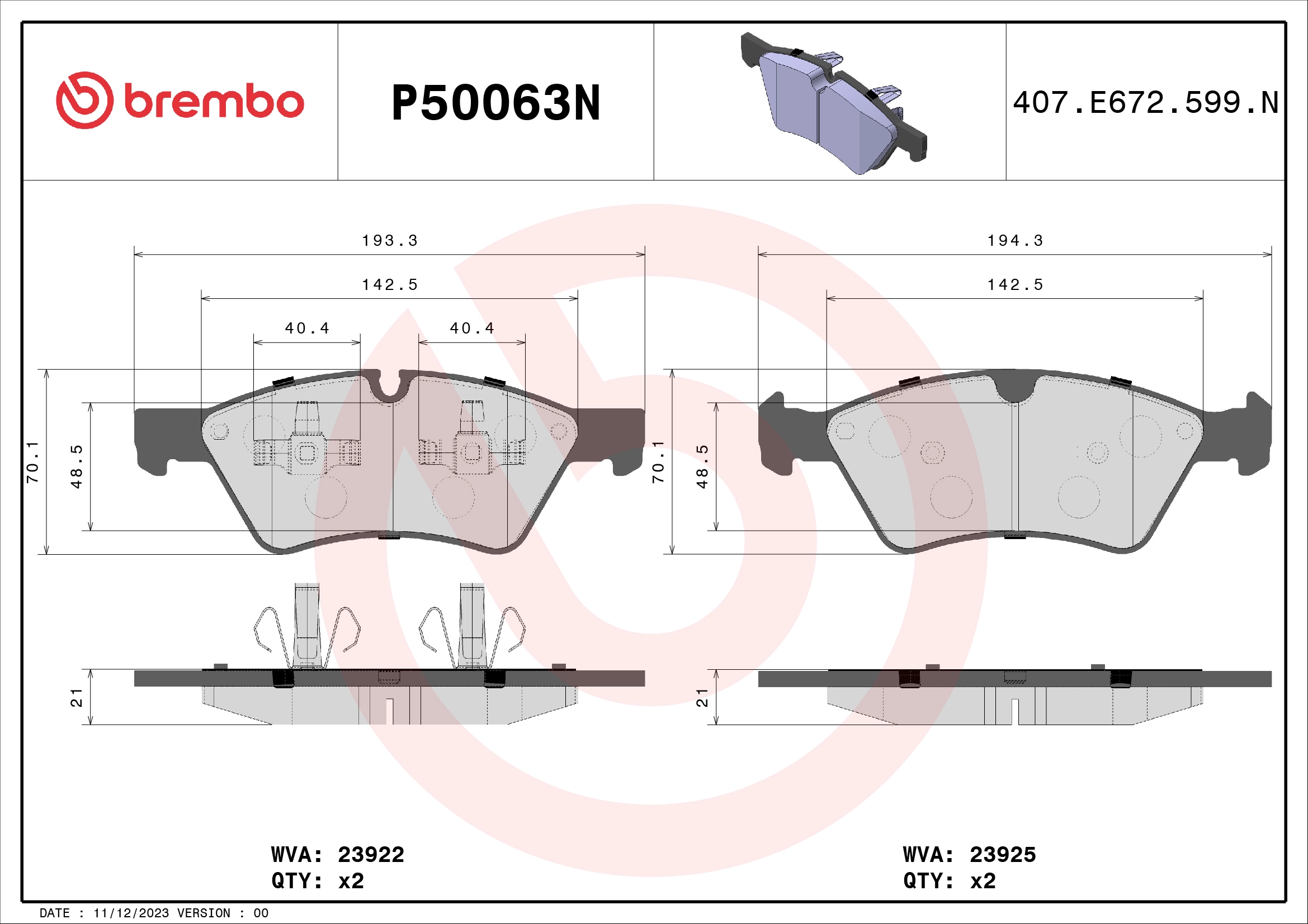 BREMBO P50063N - Комплект тормозных колодок, дисковый тормоз PRIME LINE - Ceramic