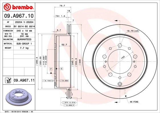 BREMBO 09.A967.11 - Тормозной диск PRIME LINE - UV Coated