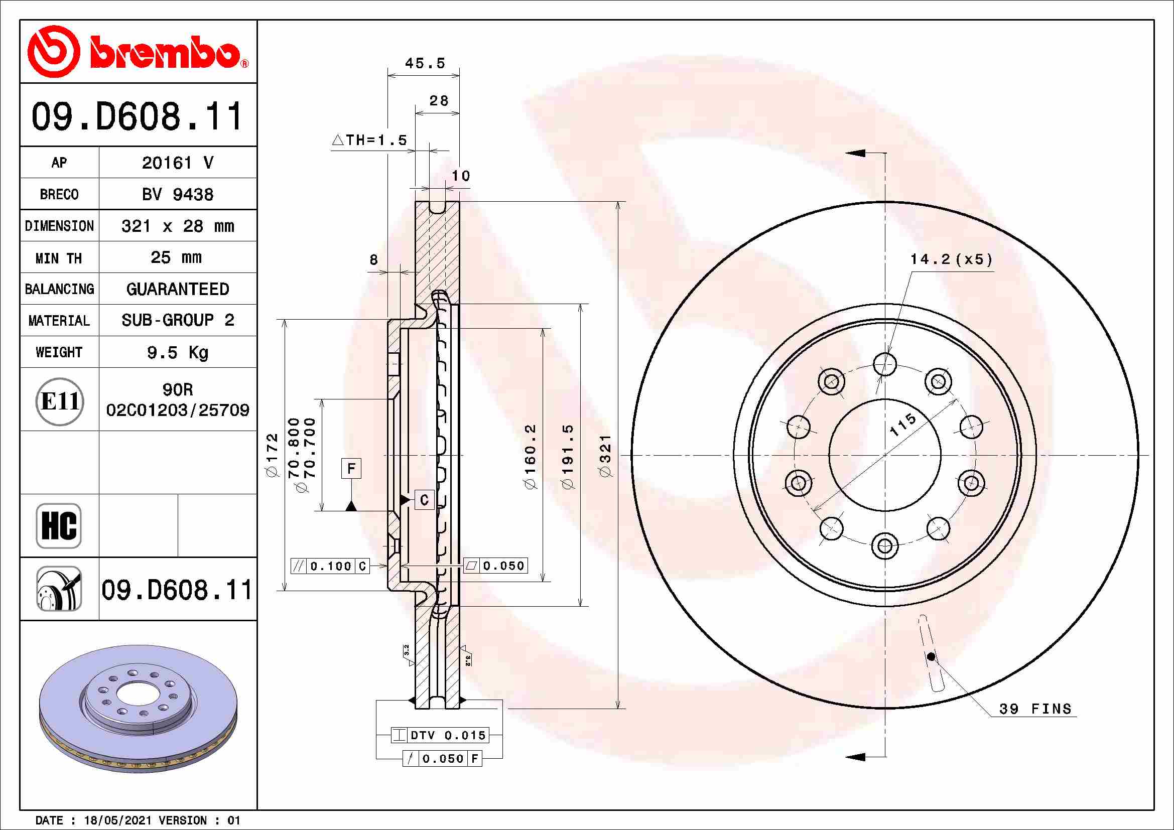 BREMBO 09.D608.11 - Тормозной диск PRIME LINE - UV Coated