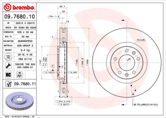 BREMBO 09.7680.10 - Тормозной диск PRIME LINE