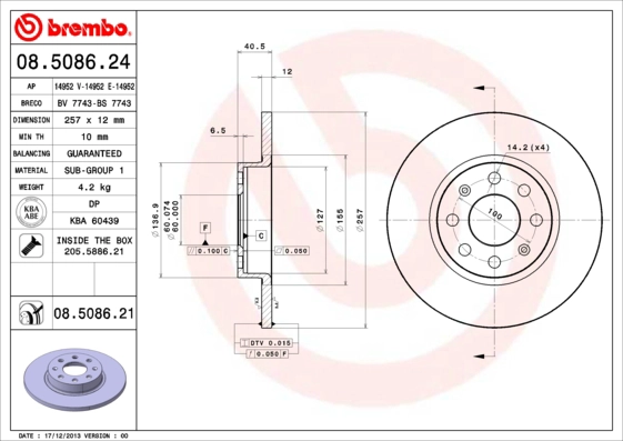 BREMBO 08.5086.21 - Тормозной диск PRIME LINE - UV Coated