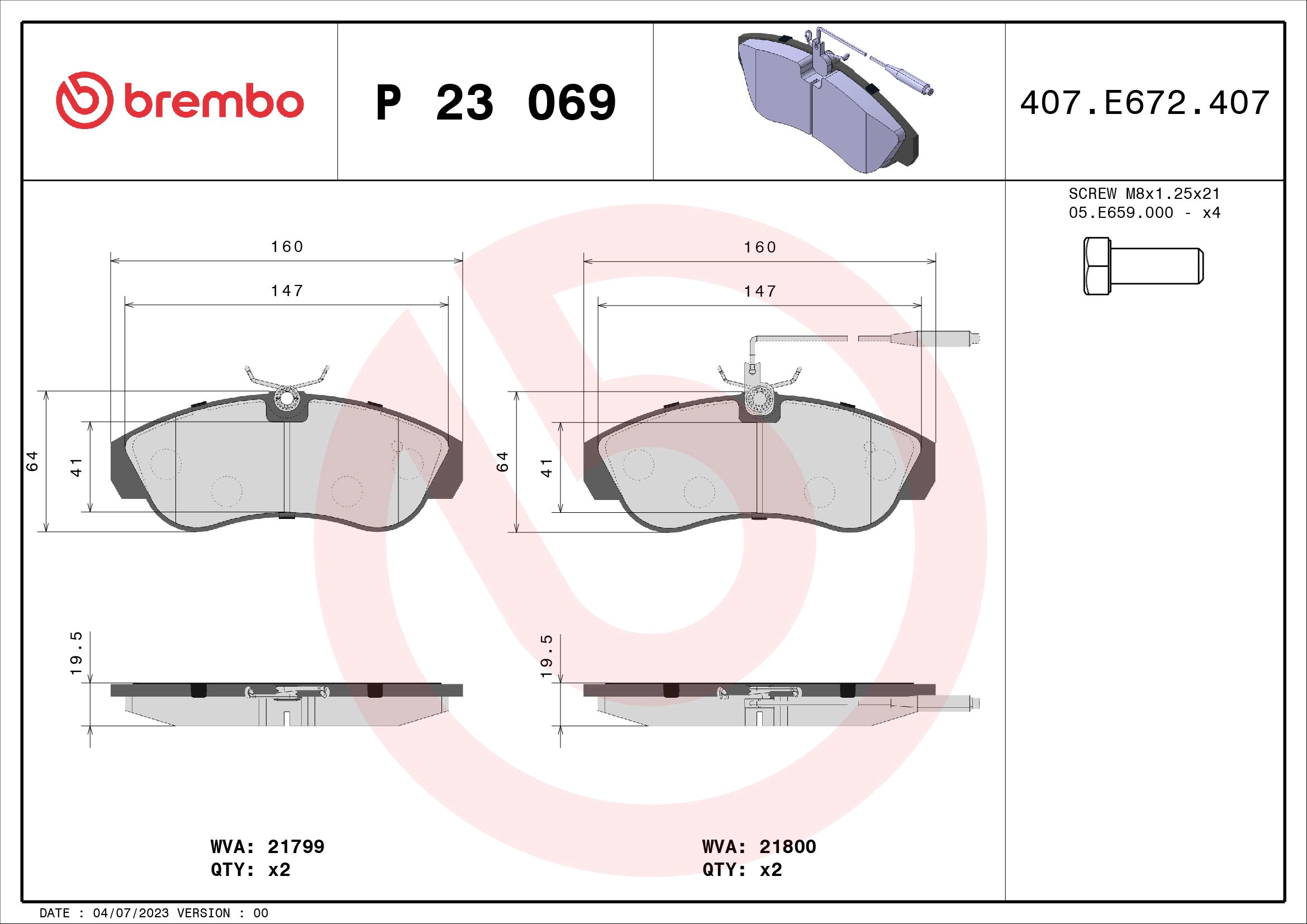 BREMBO P 23 069 - Комплект тормозных колодок, дисковый тормоз PRIME LINE