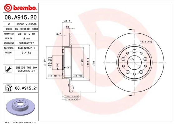 BREMBO 08.A915.20 - Тормозной диск PRIME LINE