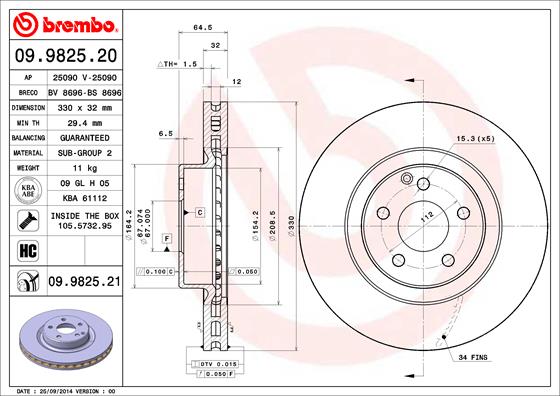 BREMBO 09.9825.20 - Тормозной диск PRIME LINE