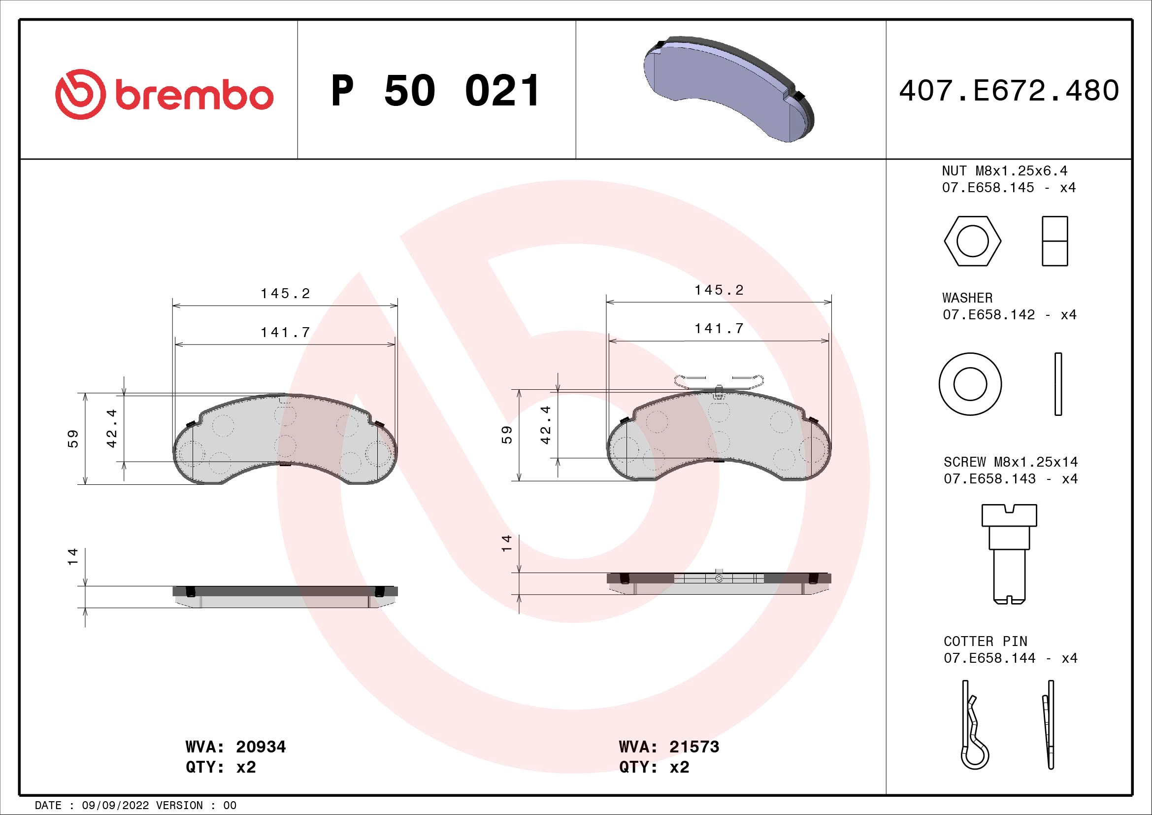 BREMBO P 50 021 - Комплект тормозных колодок, дисковый тормоз PRIME LINE