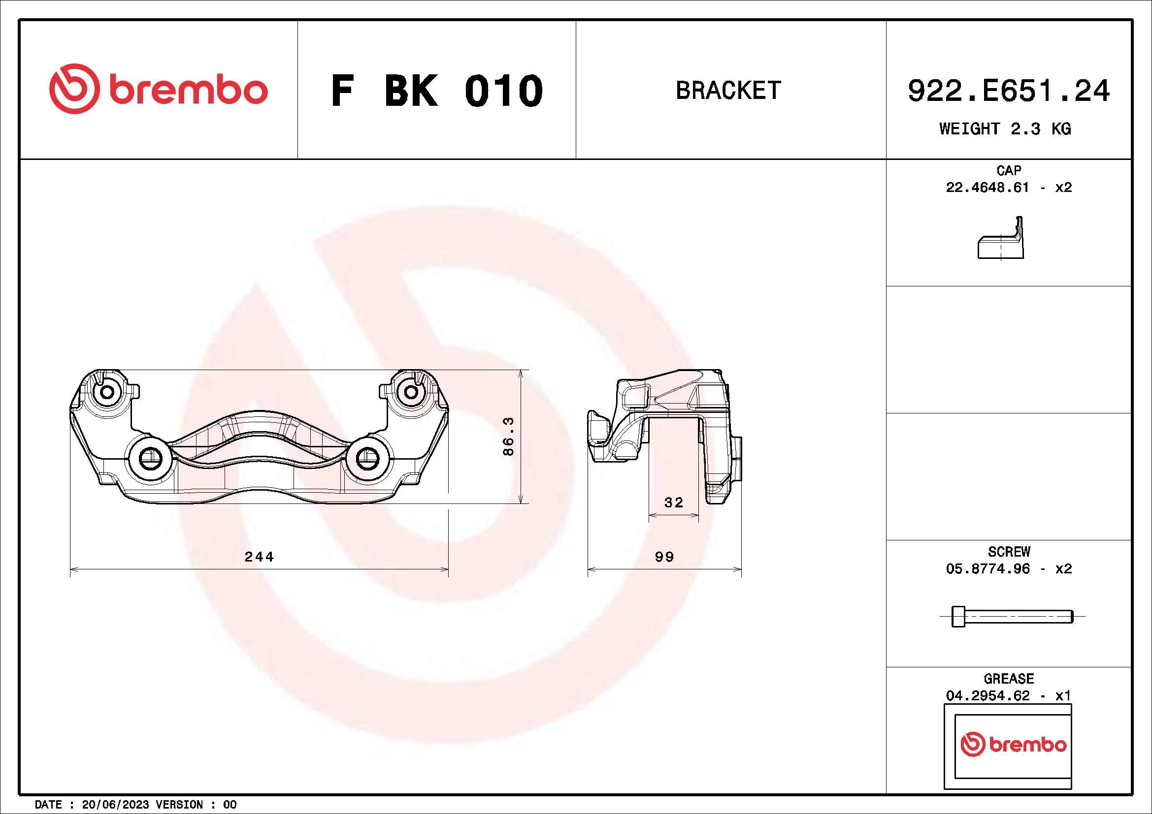 BREMBO F BK 010 - Комплект поддержки корпуса скобы тормоза PRIME LINE