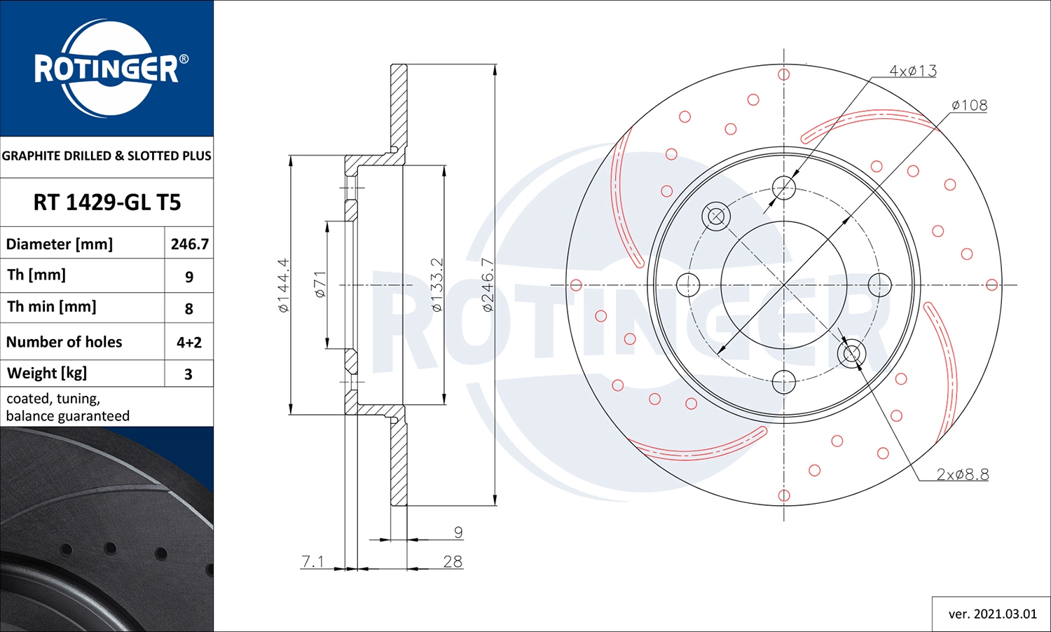 ROTINGER RT 1429-GL T5 - Тормозной диск GRAPHITE DRILLED & SLOTTED PLUS