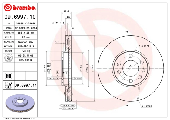 BREMBO 09.6997.10 - Тормозной диск PRIME LINE