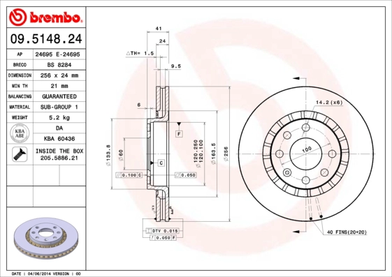 BREMBO 09.5148.24 - Тормозной диск PRIME LINE