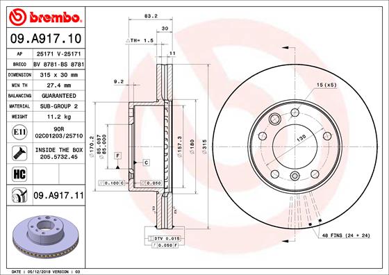 BREMBO 09.A917.10 - Тормозной диск PRIME LINE