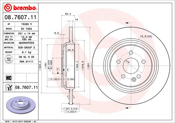 BREMBO 08.7607.11 - Тормозной диск PRIME LINE - UV Coated