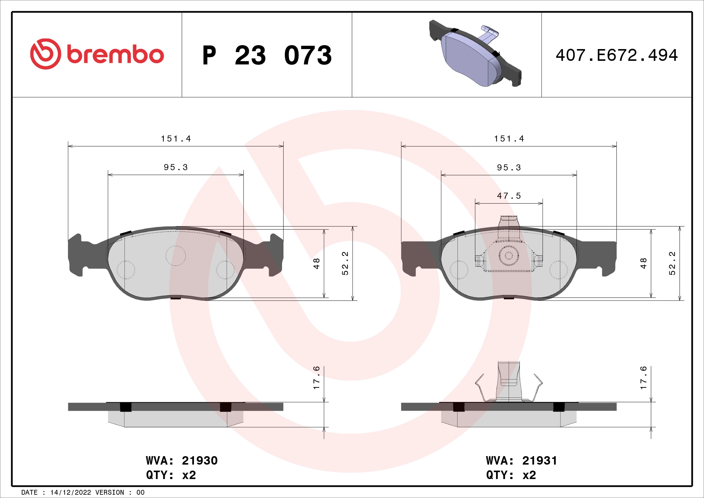 BREMBO P 23 073 - Комплект тормозных колодок, дисковый тормоз PRIME LINE