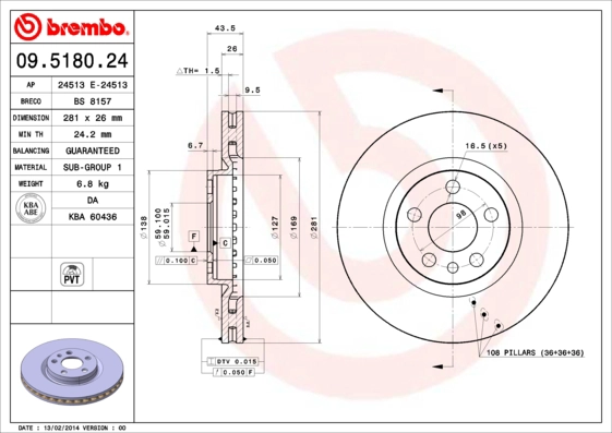 BREMBO 09.5180.24 - Тормозной диск PRIME LINE