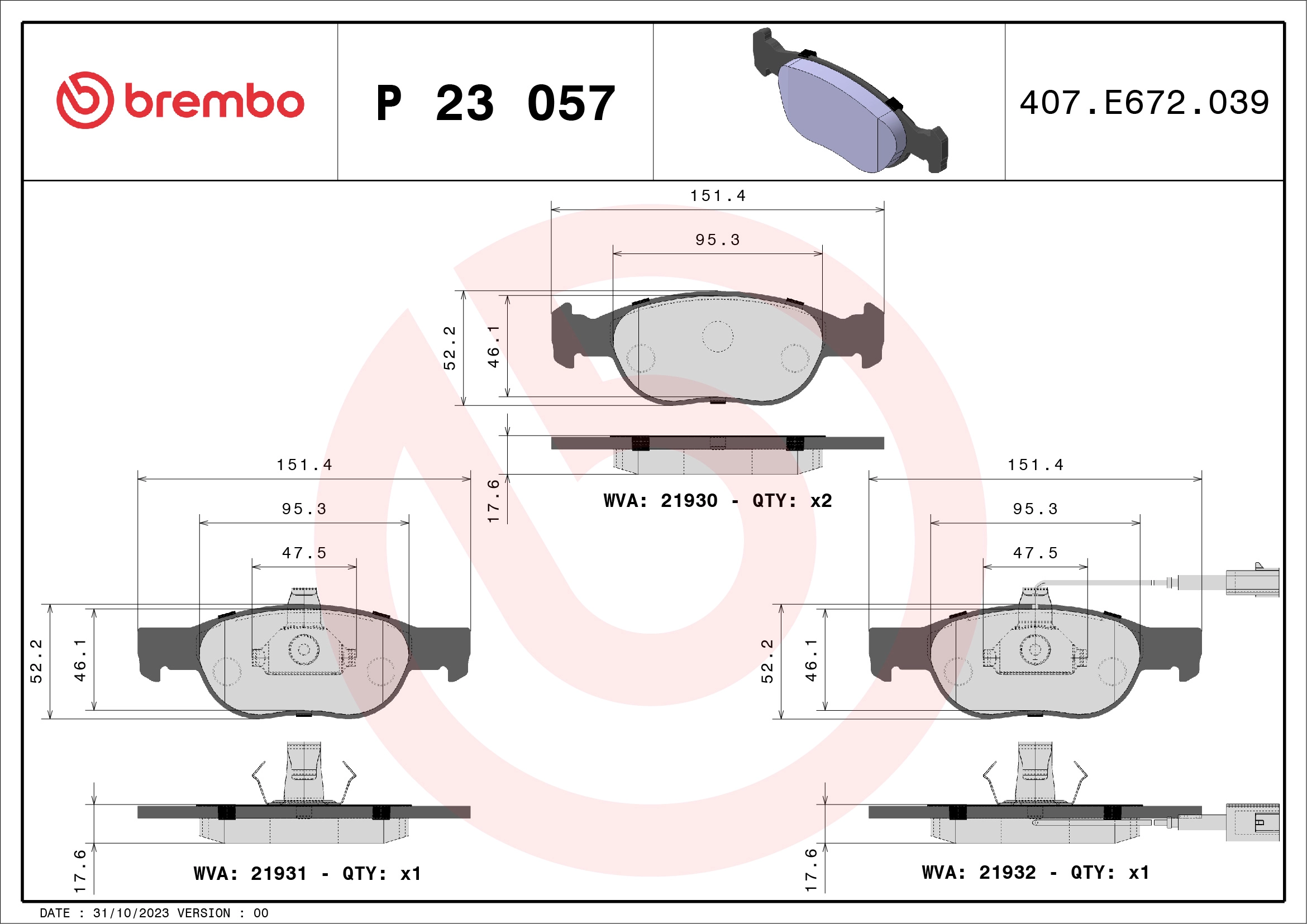 BREMBO P 23 057 - Комплект тормозных колодок, дисковый тормоз PRIME LINE